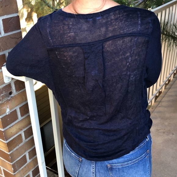 Vince Sheer Navy Linen Long Sleeve V Neck - Picture 3 of 7